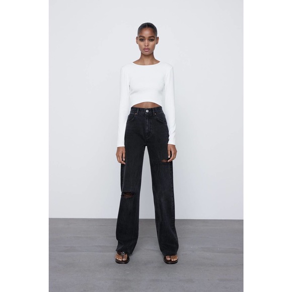 Zara Ripped Wide Leg Full Length Black High Rise Jeans Blogger Favorite Size 6